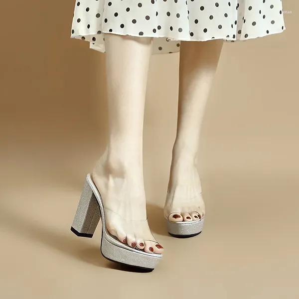 Sandalet yaz kadınlar kalın yüksek topuklu seksi platform ayakkabıları şeffaf elbise düğün pompaları terlik 41