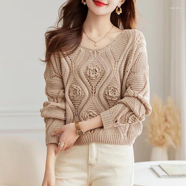 Женские свитера, женский свитер 2023, осень-весна, полый модный женский вязаный пуловер с 3D-цветами