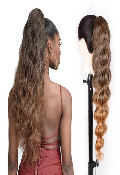 Rabo de cavalo longo ondulado sintético, cabelo kanekalon futura com cordão, clipe de rabo de cavalo em peruca, rabo de cavalo ondulado para mulheres negras 7621243