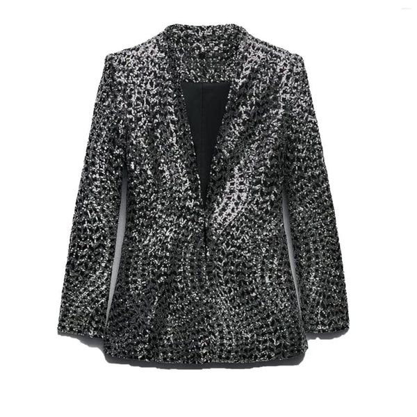 Abiti da donna Moda Donna Giacca con paillettes lucide Giacca senza colletto per abito da sera a maniche lunghe Cappotto capispalla casual femminile coreano