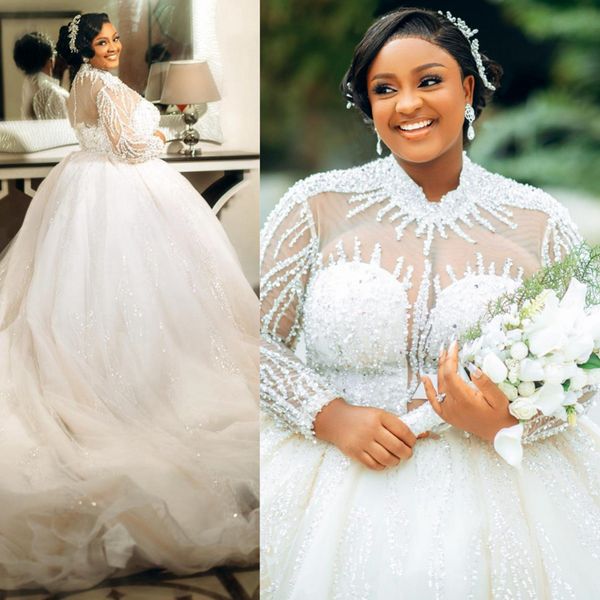 Plus size aso ebi vestidos de casamento para noiva gola alta rendas mangas compridas ilusão vestidos de noiva bola princesa vestido de casamento de renda para mulheres negras africanas meninas d076