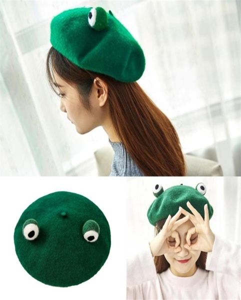 Mulheres bonito sapo verde olhos boina boné inverno lã falsa kawaii pintor gorro chapéu gota 2104298151892