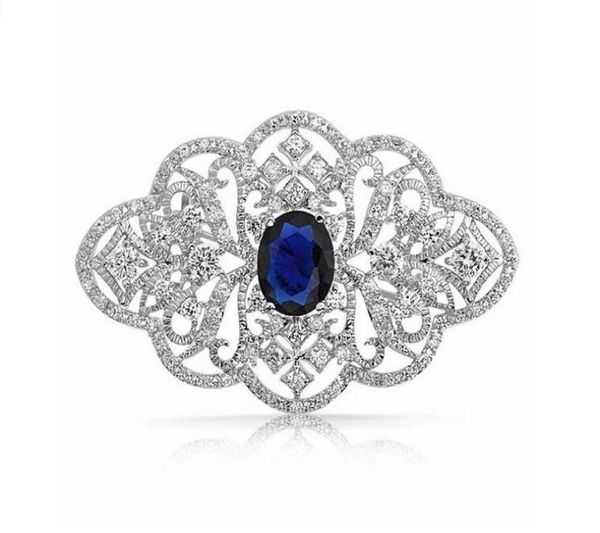 2-Zoll-Hochzeitsschmuck-Brosche mit klarem Strassstein und Diamanten im Vintage-Look mit blauem Stein1412287