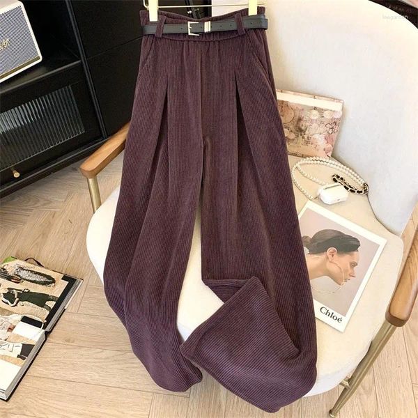 Frauen Hosen Cord Elastische Taille Breite Bein Hosen Für Frauen 2024 Vintage Mode Koreanische Lose Damen Striaght Volle-länge