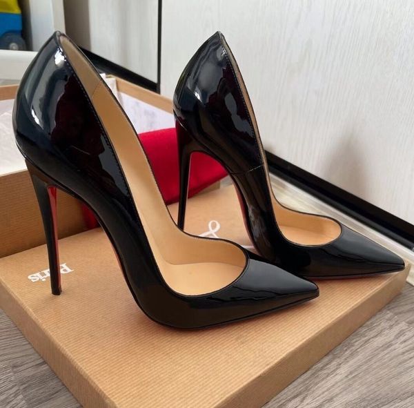 High Heels spitze Zehenschuhe Stiletto rote glänzende Unterteile Mode Damenschuhe flacher dünner Absatz 8 cm 10 cm 12 cm Lolita-Schuhe nackt schwarz mit Staubbeutel 34–44