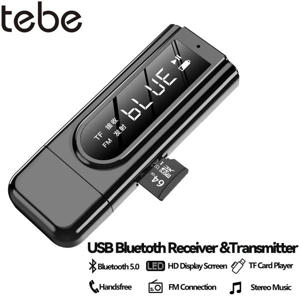 Connettori Tebe Trasmettitore ricevitore Fm Stereo Bluetooth 5.0 con Tf Solt Schermo LCD Aux Adattatore audio wireless Dongle USB per cuffie PC