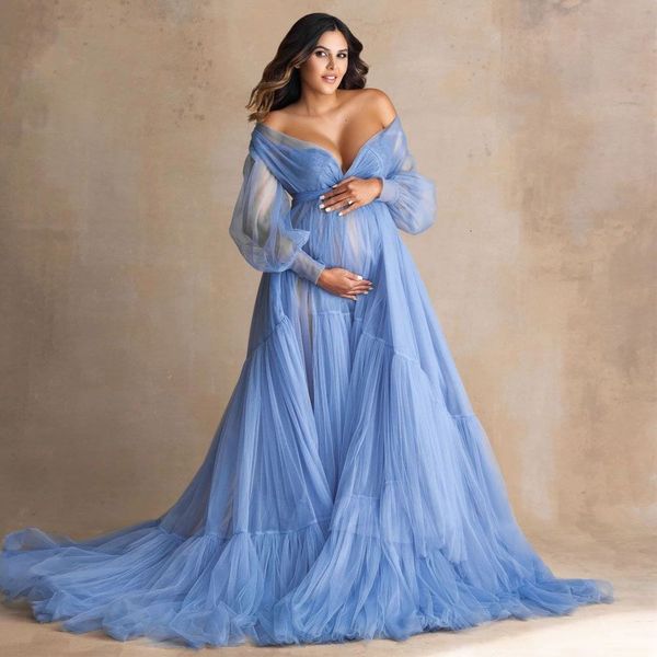 2024 fofo azul babado tule vestido de maternidade vestidos de noite para sessão de fotos fora do ombro fotografia de gravidez vestido de maternidade roupões com faixa