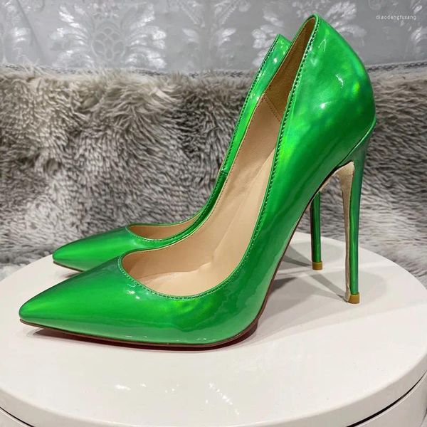 Sapatos de vestido Casual Designer Sexy Lady Moda Mulheres Verde Patente De Couro Pointy Toe Salto Alto Stiletto Stripper Bombas Grande Tamanho 44