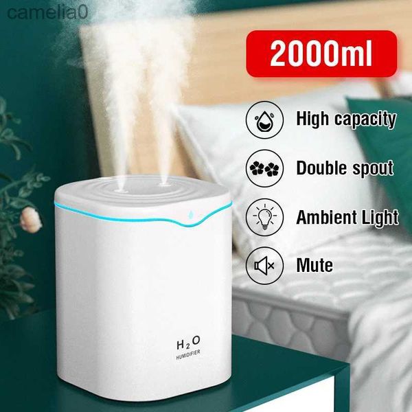 Umidificadores 2000ML USB Umidificador de Ar Dupla Porta de Pulverização Óleo Essencial Difusor de Aromaterapia Cool Mist Maker Fogger para Home OfficeL231226