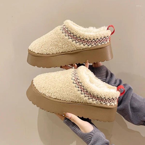 Chinelos Grosso Sola Cabelo Encaracolado Mocassins Feminino Inverno A Versão Coreana Baotou Metade Mais Veludo Algodão Mop