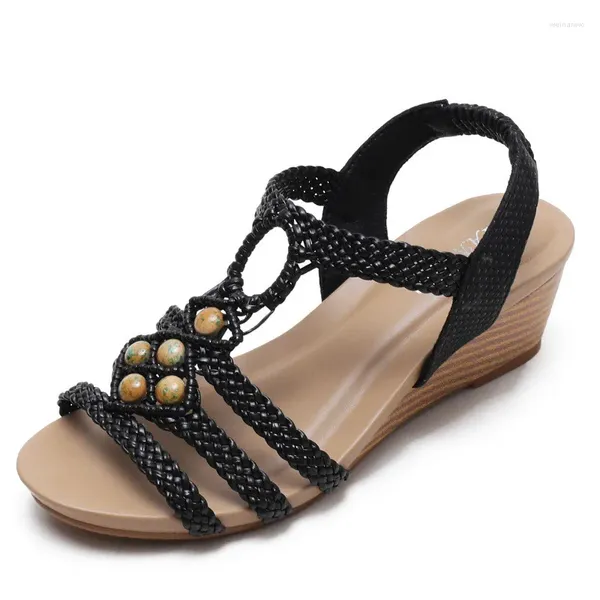 Sandalen Große Größe Römische TPR Sohle High Heels Vintage Gewebte Perlen PU Hausschuhe Keile Leder Für frauen Abdeckung Ferse schuhe BM027