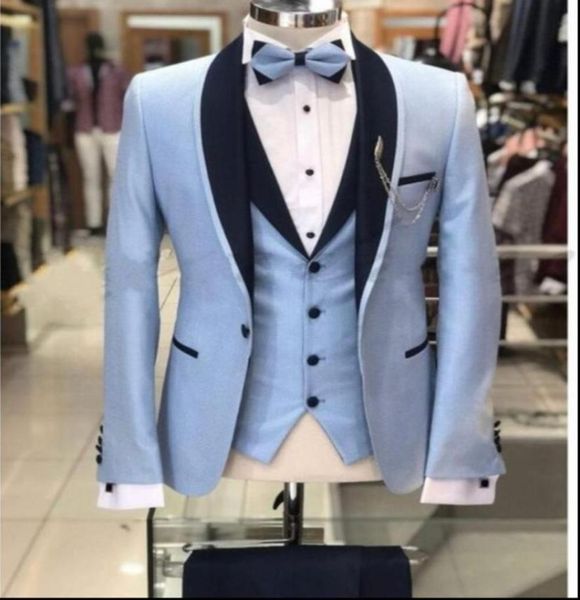 Brandneuer hellblauer Bräutigam-Smoking mit schwarzem Schal-Revers für Trauzeugen im Hochzeitskleid-Stil für Herren, Jacke, Blazer, 3-teiliger Anzug, Jacke, Hose 7906045