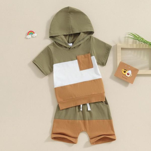 Conjuntos de roupas moda listra criança infantil outfits verão causal contraste cor bebê meninos roupas manga curta com capuz camiseta shorts crianças