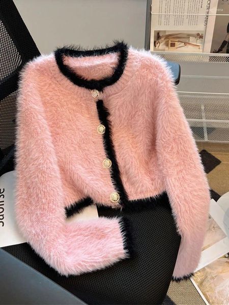 Женские вязаные кардиганы в стиле Харадзюку, корейские осенние плюшевые кардиганы с круглым вырезом, уютный розовый свитер для торжественных случаев, роскошная вязаная верхняя одежда Mori Girl Design