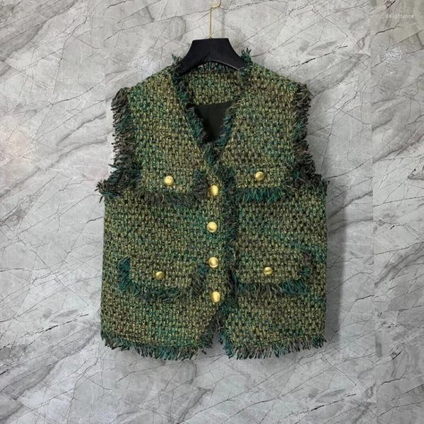 Gilet da donna 2023 Moda di alta qualità senza maniche con scollo a V Barba rifinita con fibbia dorata Gilet in lana stile celebrità Top 1211