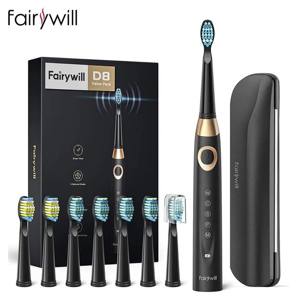 Fairywill elétrica sonic escova de dentes 5 modos cabeças substituição à prova dwaterproof água caso viagem poderosa limpeza cabeças macias conjunto 231225