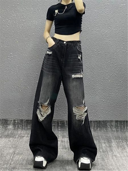 Jeans femininos plus size preto high street hip hop cintura reta mulheres vintage lavado buraco rasgado solto perna larga calças jeans