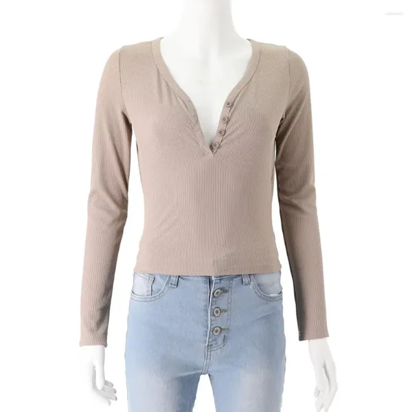 Camicette da donna Top elegante stile pendolare per le donne Abbigliamento casual autunnale T-shirt slim con scollo a V profondo con scollo a bottoni Tinta unita sexy