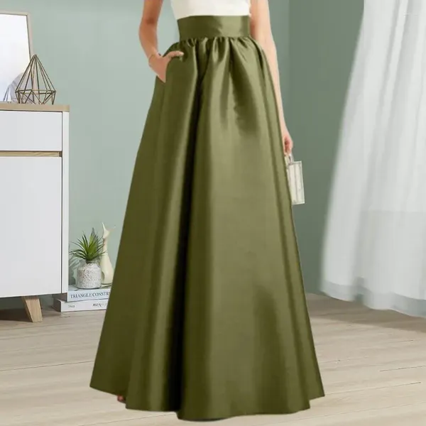 Saias femininas outono cetim saia a linha até o chão cor sólida cintura alta vestido elegante vintage casual oversized longo robe