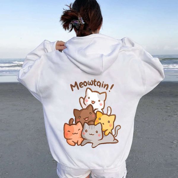 Gato dos desenhos animados meowtain hoodies homens mulheres bonito kawaii impresso com capuz streetwear criança para presente moletons macios