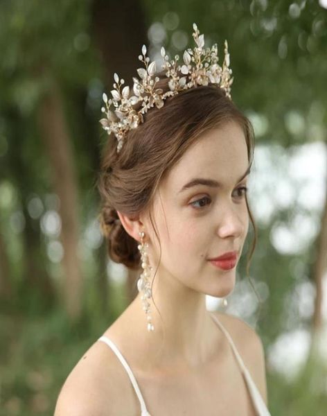 Diadema da sposa in cristallo opale da donna Corona per capelli Perle Foglia Copricapo Cablato a mano Prom Wedding Diademi Accessori per capelli J011374056361417426