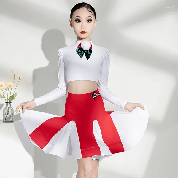 Abbigliamento da palcoscenico Abiti da ballo per bambini Costumi di danza latina di Natale Ragazze Top bianco Gonna rossa Concorso SL9519