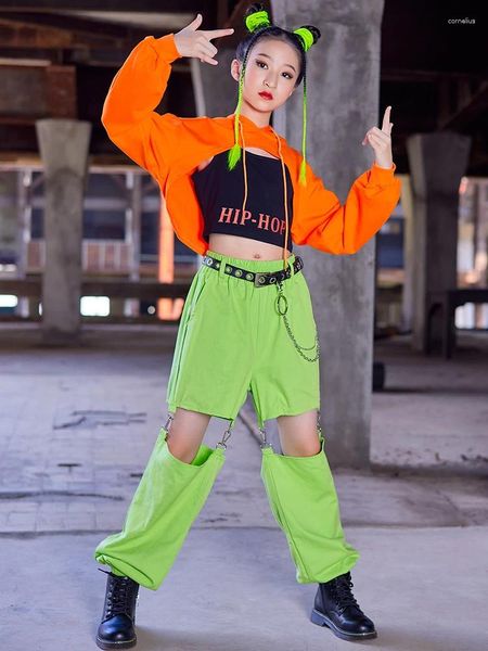 Bühnenkleidung Mädchen Hip Hop Kostüm Jazz Performance Kleidung Orange Lange Ärmel Tops Grüne Hosen Kinder Street Dance Kpop Outfit BL9498