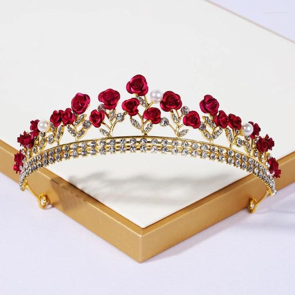Grampos de cabelo Itacazzo Nupcial Headwear Vermelho-Cor Feminina Requintado Vestido de Noiva Coroa Rosa Tiaras de Aniversário