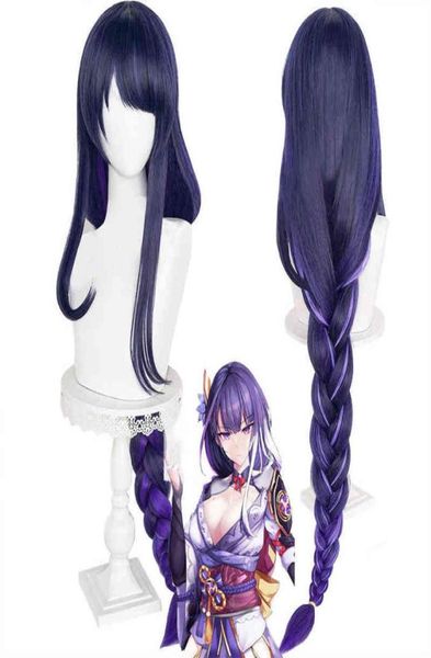 Jeu Anime Genshin Impact Raiden Shogun Cosplay perruque pré-stylée 110 cm de long résistant à la chaleur synthétique violet couleur mixte Baal perruques AA9602223