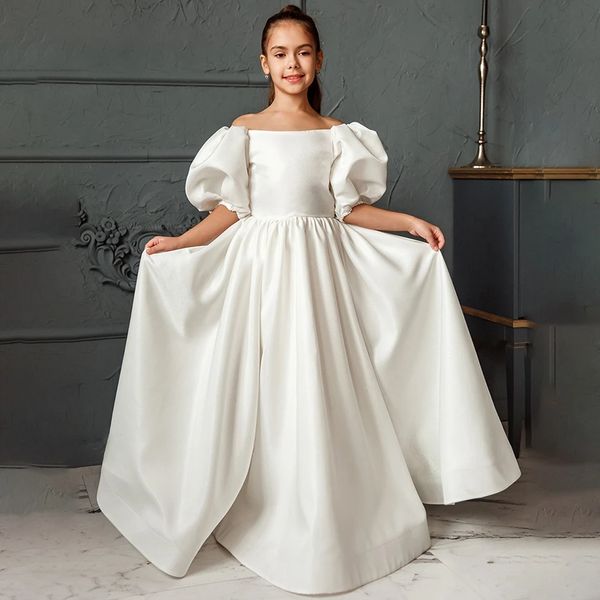 elegante Prinzessin Elfenbein Puffärmel Blumenmädchenkleider für Hochzeit 2024 Satin A-Linie U-Boot-Ausschnitt Erstkommunion Kleider mit Schleife