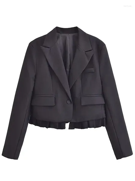 Женские куртки на одной пуговице, плиссированные короткие пальто, женский элегантный черный пиджак с карманами и длинными рукавами с лацканами, женский осенний модный женский пиджак 2023 г.