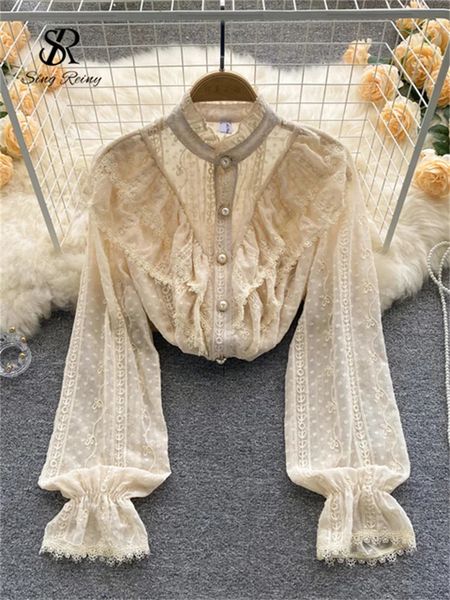 SINGREINY Elegante Französisch Bluse Frauen Temperament Süße Rüschen Lose Beiläufige Tops Frühling Langarm Streetwear Weiß Shirts 231225