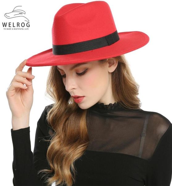 Welrog preto vermelho fedora chapéus para mulheres imitação de lã fedoras panamá chapéu de feltro inverno masculino jazz chapéus trilby chapeau femme bonés y20017169602