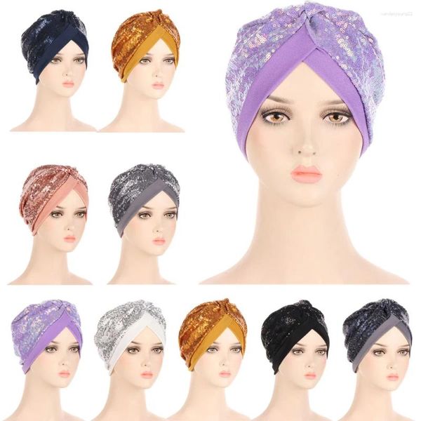 Roupas étnicas Lenço muçulmano Bonnet Glitter Lantejoulas Hijab Turban Feminino Head Wraps India Hat Islam Headwear Acessórios Chemo Caps