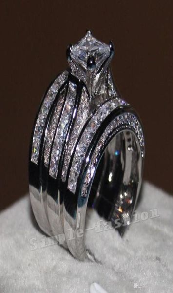 Vecalon Joias finas corte de princesa 20 quilates Cz diamante conjunto de anel de noivado para mulheres anel de dedo preenchido com ouro branco 14K RR2016188