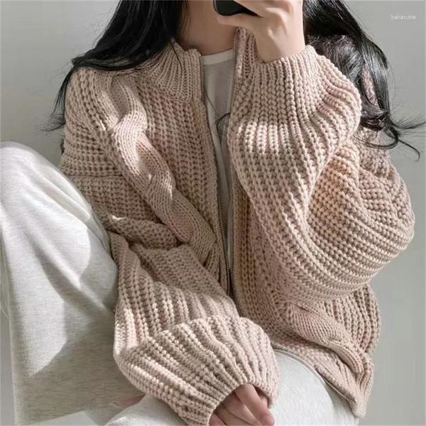 Suéter feminino outono inverno suéter com nervuras zíper casaco solto cardigan lanterna manga malha quente sólido casual jaqueta de escritório