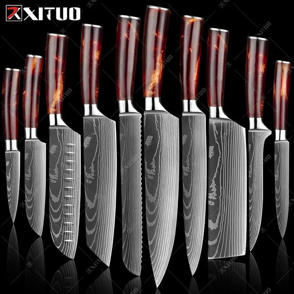 Facas XITUO 110 PCS facas de cozinha Conjunto Laser Damasco padrão chef faca afiada Santoku Cleaver Slicing Utility Knifes Resina Handle