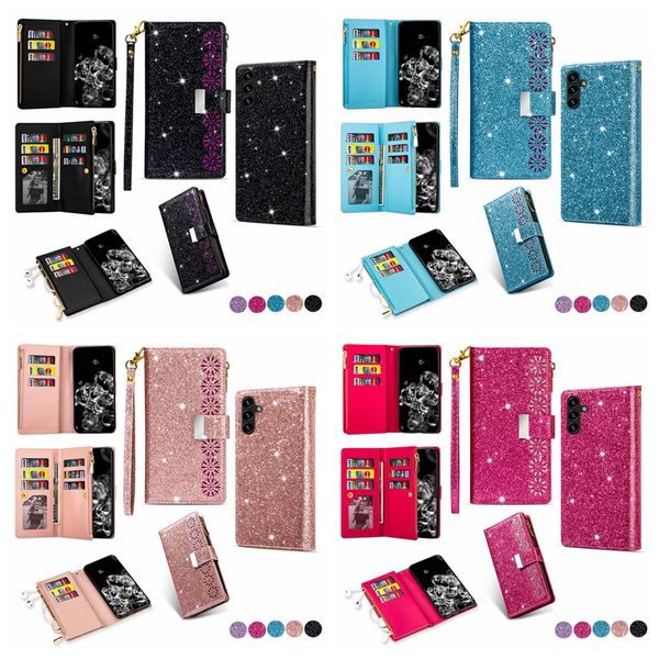 Custodie a portafoglio multifunzione in pelle glitter per Samsung S24 Ultra S23 FE A24 A25 A05 A05S A15 S22 Plus A13 Moda pizzo fiore ID slot per carte Tasca contanti Cerniera Flip Cover