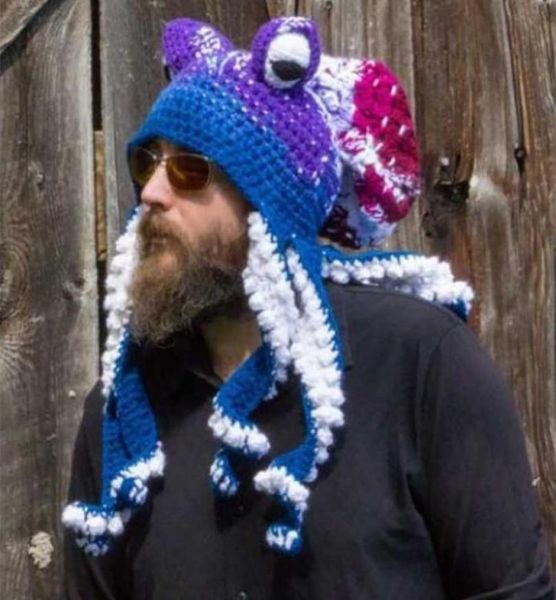 Polpo Barba Tessuto a mano Cappelli di lana lavorati a maglia Uomini Festa di cosplay di Natale Divertente Copricapo ingannevole Inverno caldo Coppie Berretti Berretto 2112318149221