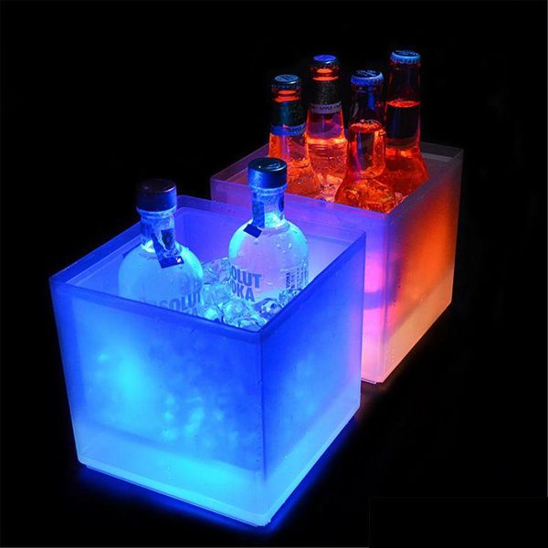 Baldes de gelo e refrigeradores LED 3.5L impermeável dupla camada quadrada baldes de gelo bares discotecas acender champanhe cerveja uísque balde ss0 otkd6