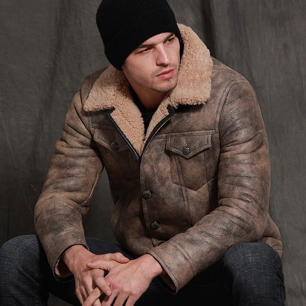 Fresco stile bello Giovani uomini inverno corto pelle di pecora pelliccia di shearling nero sottile inverno vero cappotto di pelliccia maschile caldo outwear 231225