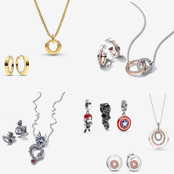 Designer-Schmuck-Halsketten für Damen, modisches Geschenk, Armband-Ringe, zum Selbermachen, passend für Pandoras, Thorshämmer, Captains Americas Shields, Charm-Duo-Halsketten-Ohrring-Set
