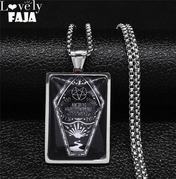 Gotico Bara Pentagramma Sole Acciaio inossidabile Vetro nero Collana con pendente color argento Uomo Donna Gioielli Collier Homme N5185S03 Nec74421165