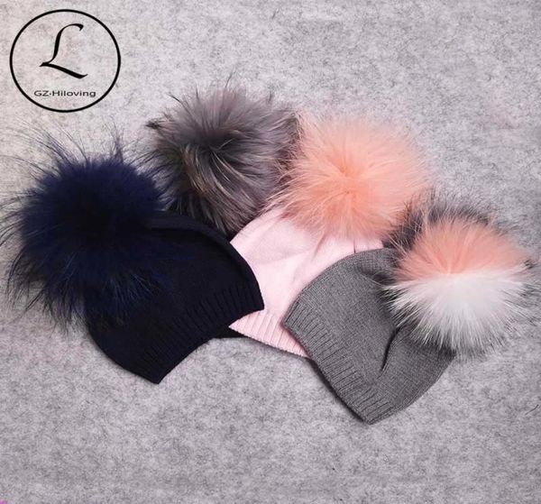 Outono Inverno Bebê Recém-nascido Meninos Meninas Real Fur Pompom Gorros Chapéus Suaves Quentes Criança Crianças Algodão Gorros De Malha chapéus Gorros Y1846051