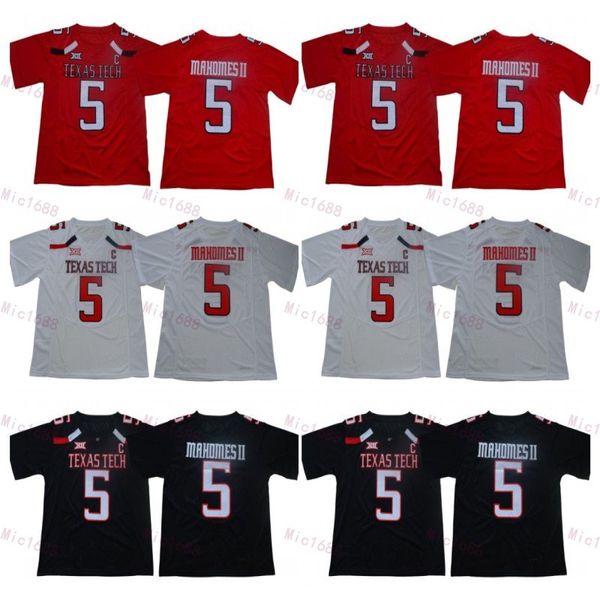 Texas Tech # 5 Patrick Mahomes II College Football Maglie Camicie vintage universitarie cucite C Patch Nero Rosso Bianco Grigio S-XXXL