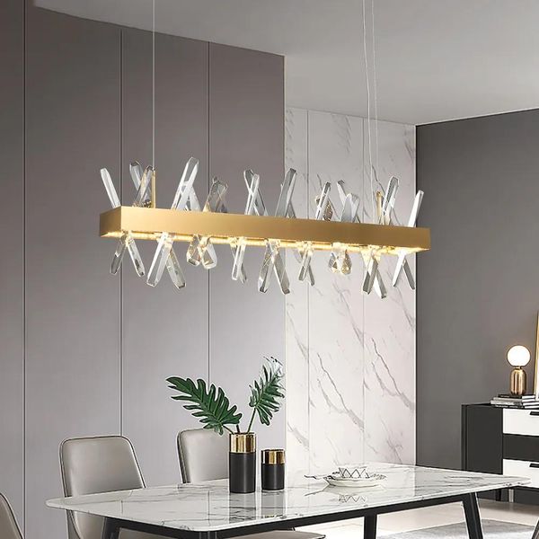 Lampadari Lampadario moderno per sala da pranzo Decorazione domestica in cristallo di lusso Rettangolo dorato LED Lampada da sospensione grande Apparecchi di illuminazione per interni