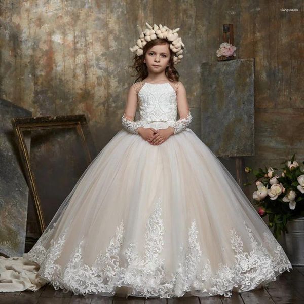 Abiti da ragazza Fiore lussuoso senza maniche in tulle con applicazioni di pizzo Abiti da sera per bambini per ragazze Abito da prima comunione