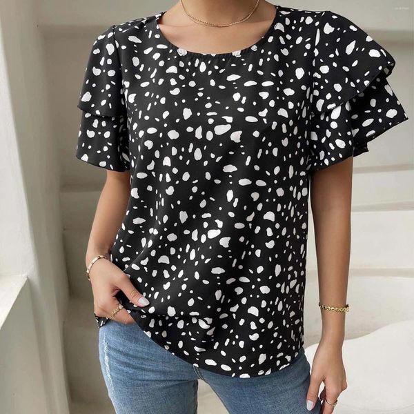 Camicette da donna alla moda da donna taglie forti pieghettate a maniche corte con stampa a pois girocollo T-shirt tunica top elegante