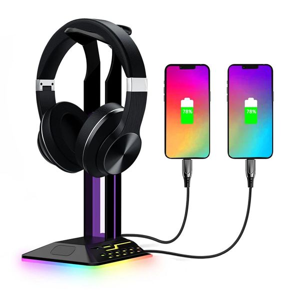 Acessórios Suporte de fone de ouvido RGB Rack de 6 modos para jogos Suporte de exibição de fone de ouvido para desktop, laptop, PC, acessórios para jogos com tipo C e 2 portas USB