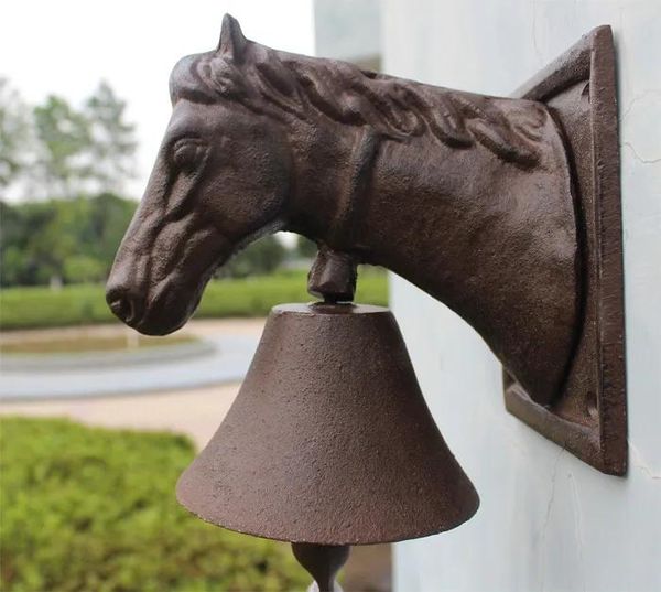 Decorações de ferro fundido ornamentado com cabeça de cavalo, campainha de porta, decorações de jardim, casa rústica, pátio, fazenda, celeiro, campainha estável, decoração